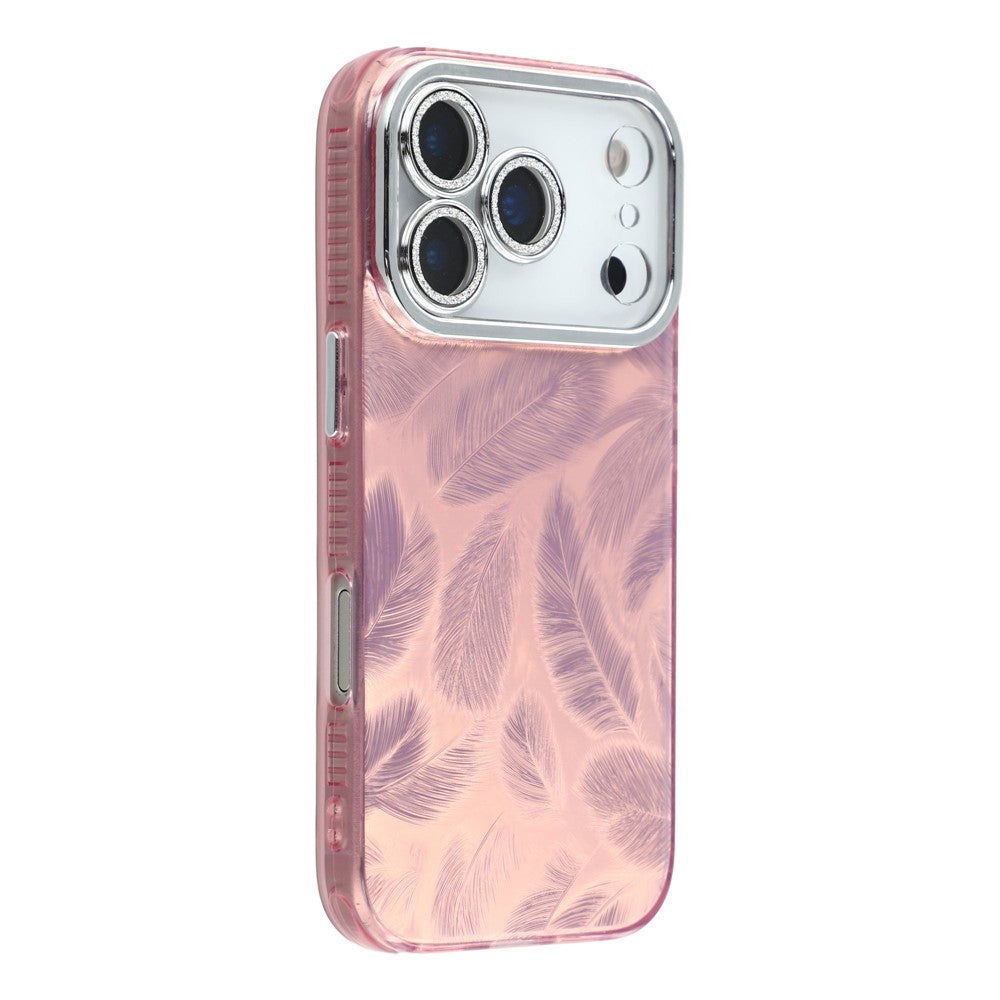 For iPhone 17 Pro Max Case IMD Design Shockproof Hybrid Phone Cover with Glass Lens Film - Feather Pattern / Pink