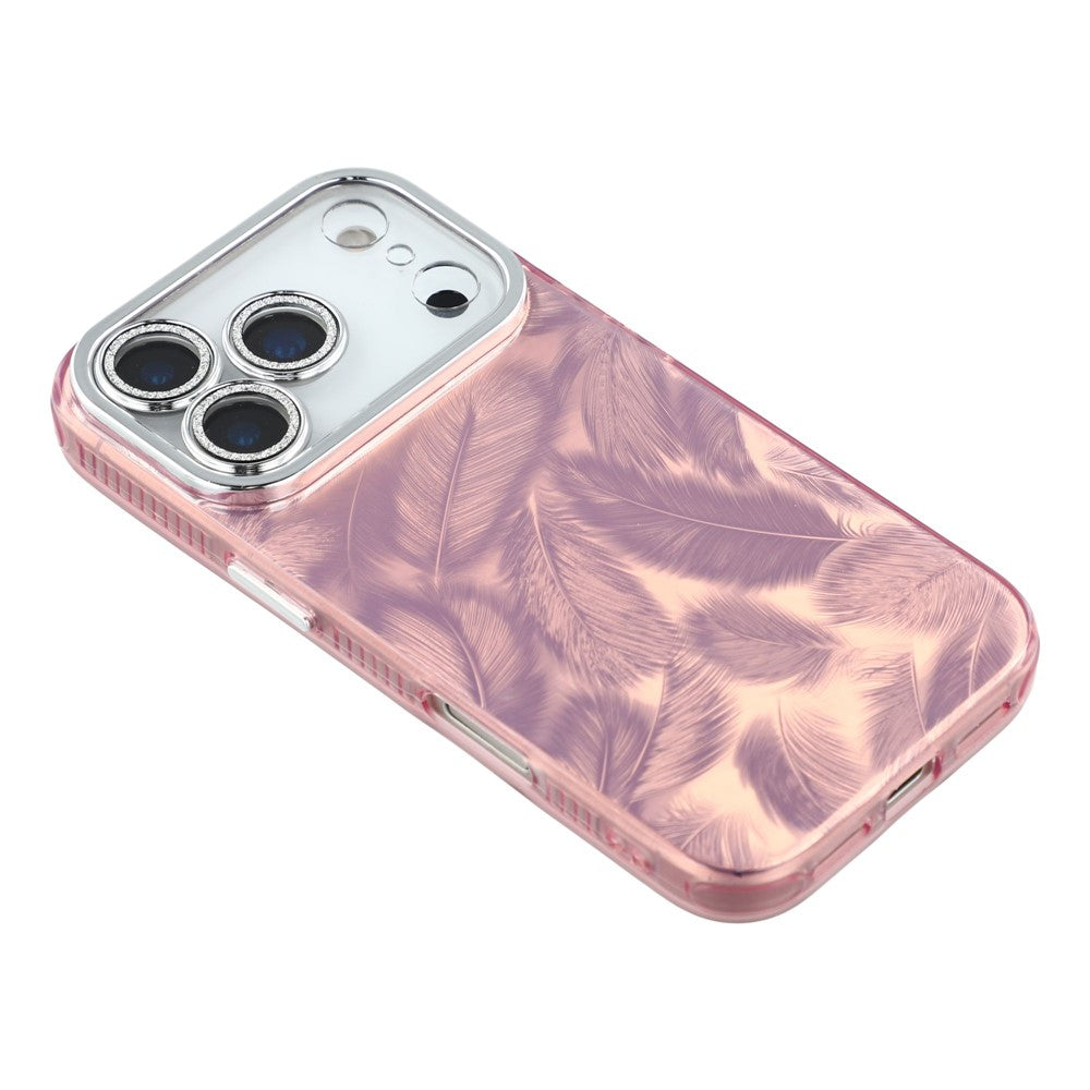 For iPhone 17 Pro Max Case IMD Design Shockproof Hybrid Phone Cover with Glass Lens Film - Feather Pattern / Pink