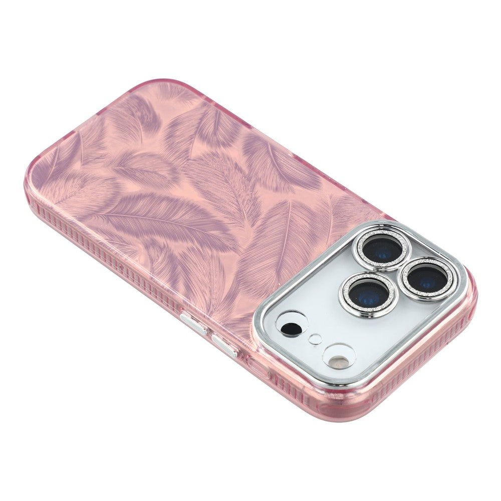 For iPhone 17 Pro Max Case IMD Design Shockproof Hybrid Phone Cover with Glass Lens Film - Feather Pattern / Pink