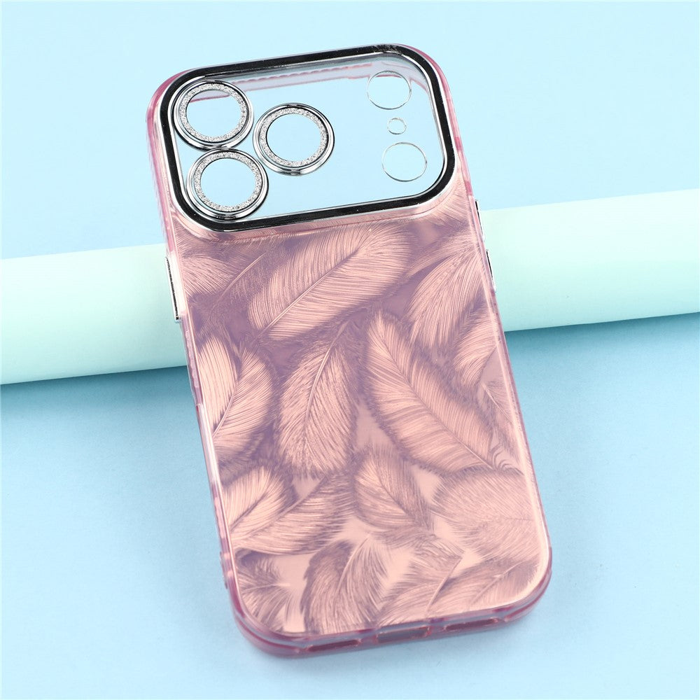 For iPhone 17 Pro Max Case IMD Design Shockproof Hybrid Phone Cover with Glass Lens Film - Feather Pattern / Pink