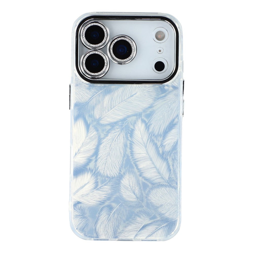 For iPhone 17 Pro Max Case IMD Design Shockproof Hybrid Phone Cover with Glass Lens Film - Feather Pattern / Silver