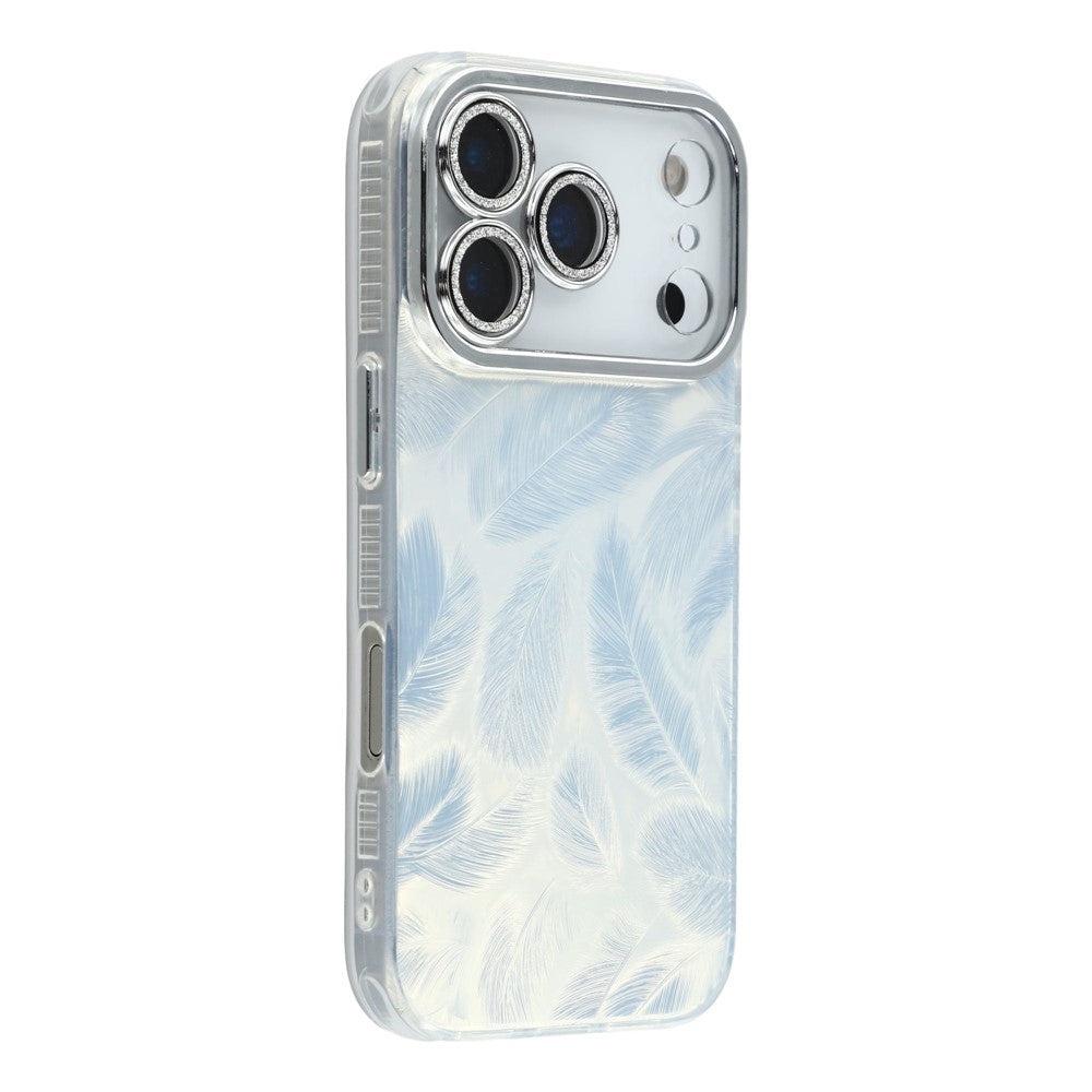 For iPhone 17 Pro Max Case IMD Design Shockproof Hybrid Phone Cover with Glass Lens Film - Feather Pattern / Silver