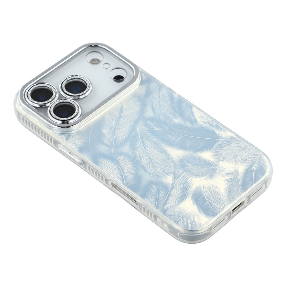 For iPhone 17 Pro Max Case IMD Design Shockproof Hybrid Phone Cover with Glass Lens Film - Feather Pattern / Silver