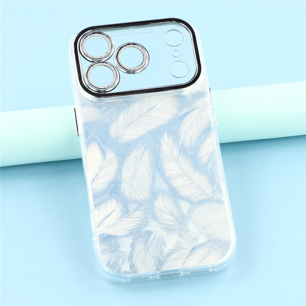 For iPhone 17 Pro Max Case IMD Design Shockproof Hybrid Phone Cover with Glass Lens Film - Feather Pattern / Silver