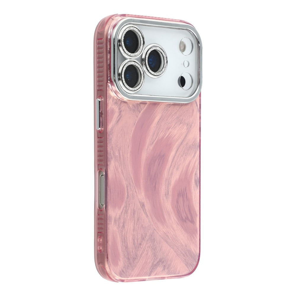 For iPhone 17 Pro Max Case IMD Design Shockproof Hybrid Phone Cover with Glass Lens Film - Feather Yarn Pattern / Pink