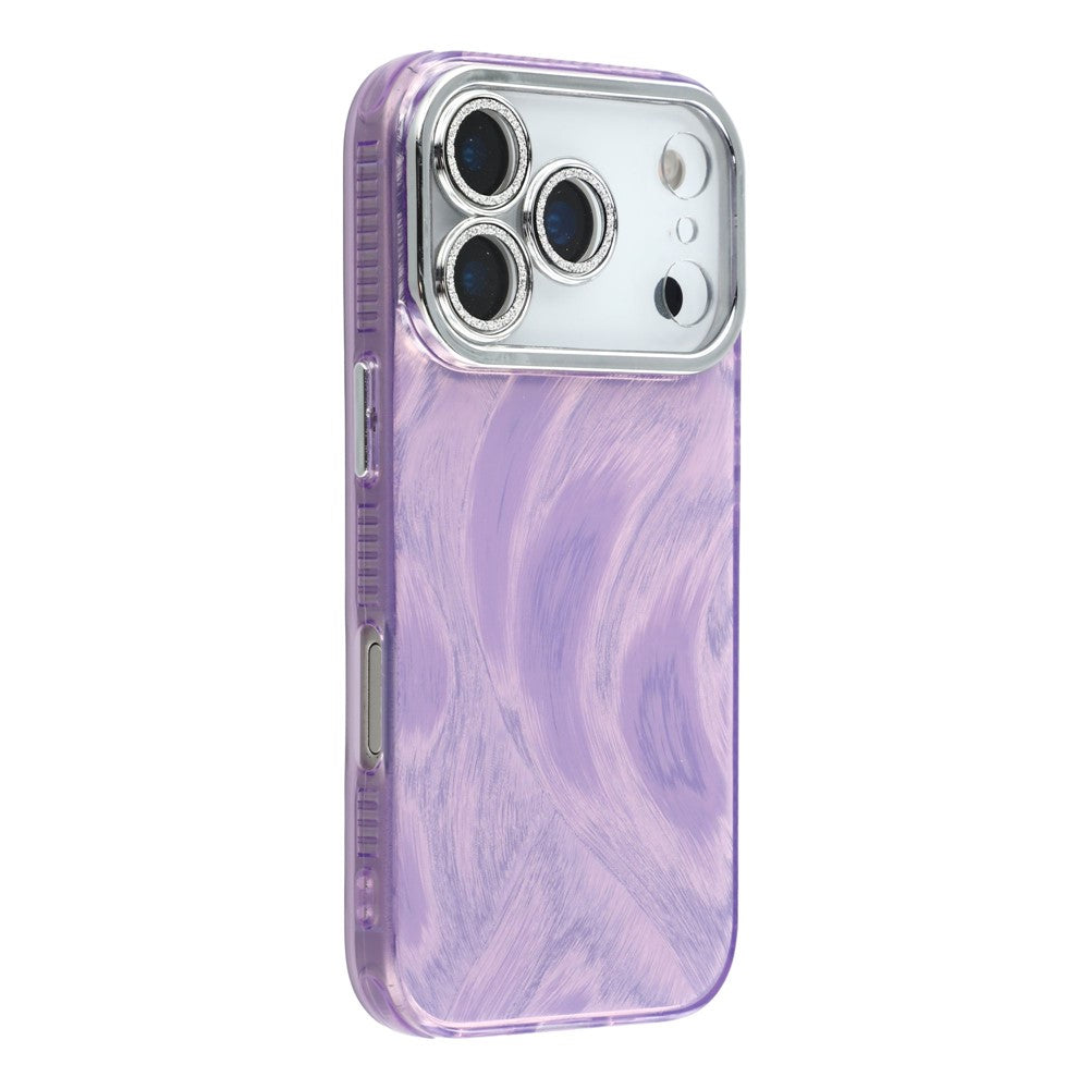 For iPhone 17 Pro Max Case IMD Design Shockproof Hybrid Phone Cover with Glass Lens Film - Feather Yarn Pattern / Purple