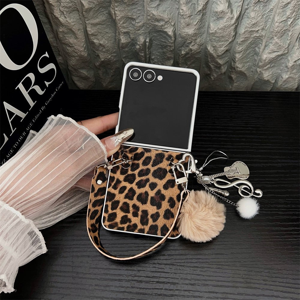 For Samsung Galaxy Z Flip7 5G Case Leopard Print Leather + PC Phone Cover with Guitar Pendant and Strap - Brown
