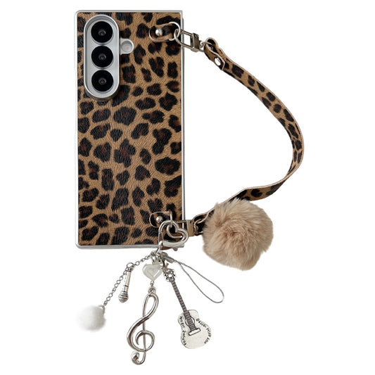 For Samsung Galaxy Z Fold7 5G Case Leopard Print Leather + PC Phone Cover with Guitar Pendant and Strap - Brown