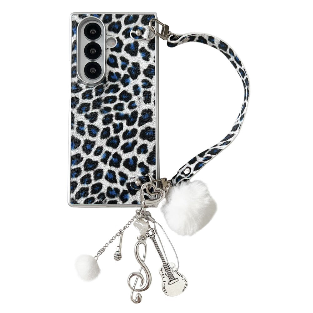 For Samsung Galaxy Z Fold7 5G Case Leopard Print Leather + PC Phone Cover with Guitar Pendant and Strap - White