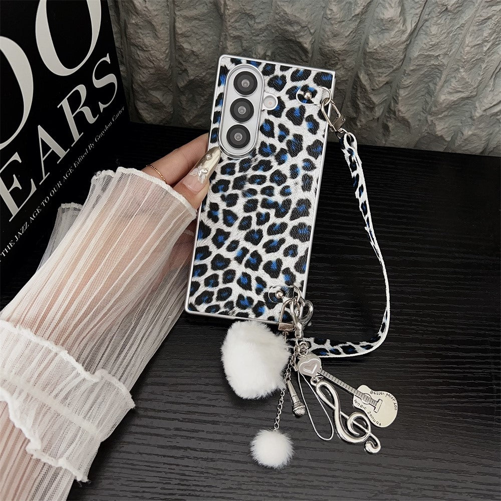 For Samsung Galaxy Z Fold7 5G Case Leopard Print Leather + PC Phone Cover with Guitar Pendant and Strap - White