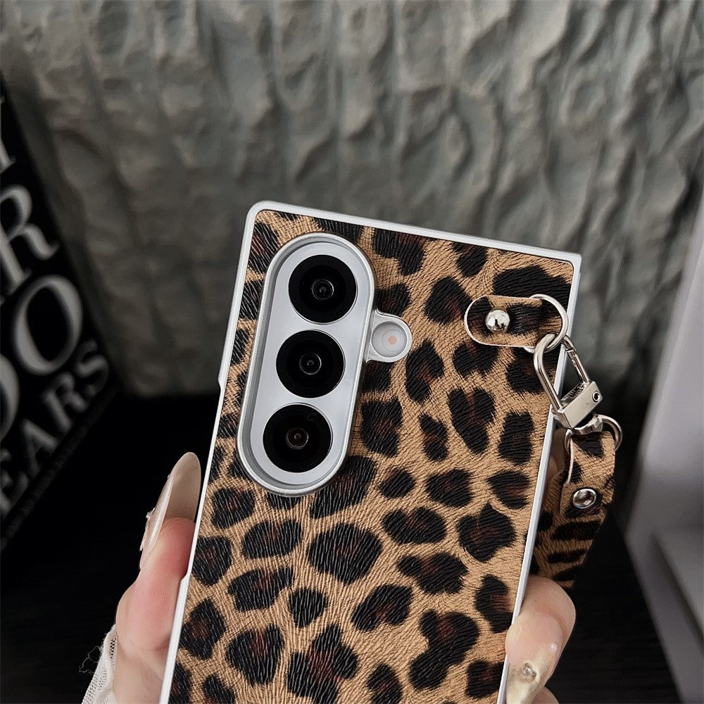 For Samsung Galaxy Z Fold7 5G Case Leopard Print Leather + PC Phone Cover with Guitar Pendant and Strap - White