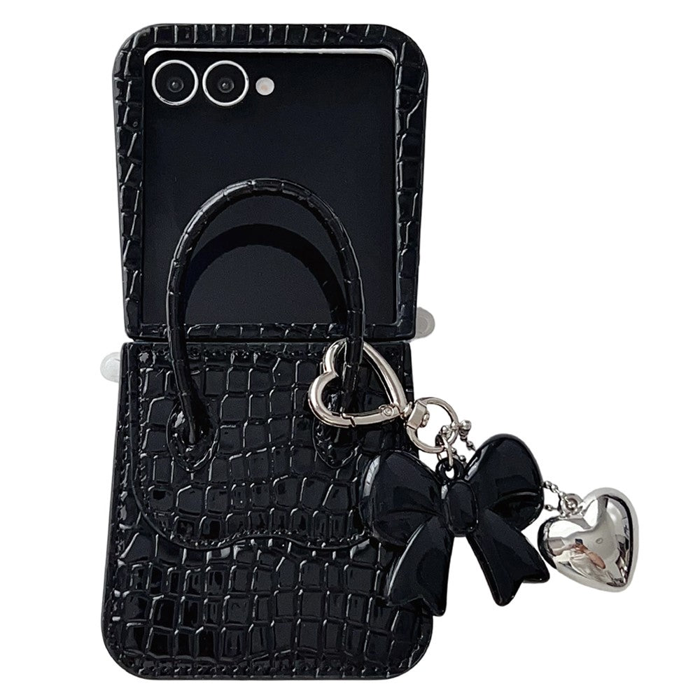 For Samsung Galaxy Z Flip7 5G Case Handbag Crocodile Texture Leather + PC Phone Cover with Bow Heart Pendant - Black