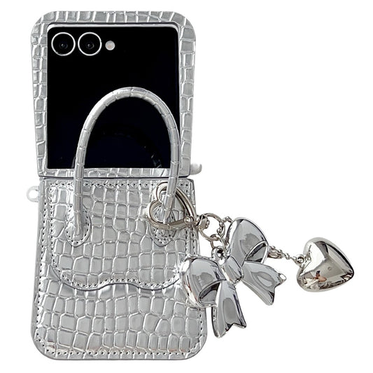 For Samsung Galaxy Z Flip7 5G Case Handbag Crocodile Texture Leather + PC Phone Cover with Bow Heart Pendant - White