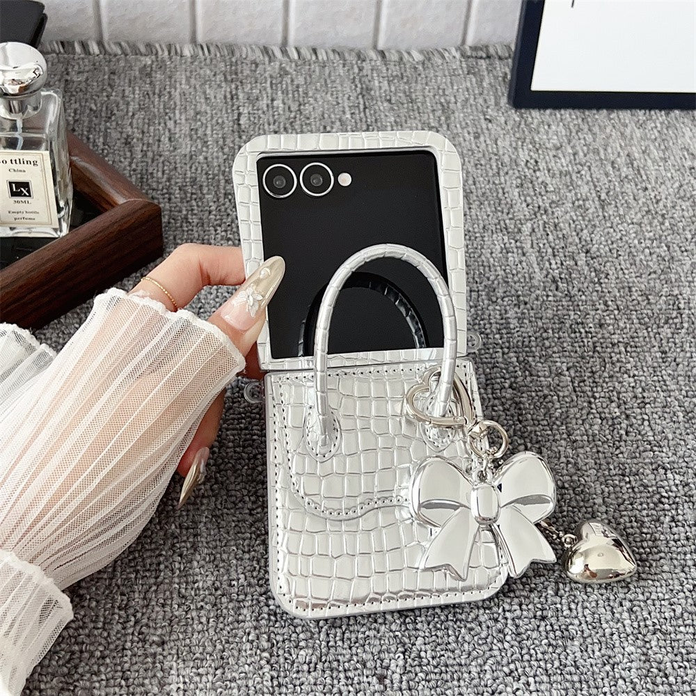 For Samsung Galaxy Z Flip7 5G Case Handbag Crocodile Texture Leather + PC Phone Cover with Bow Heart Pendant - White