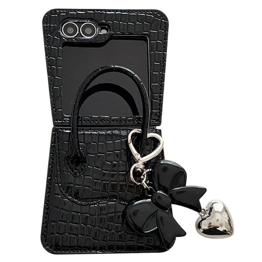For Samsung Galaxy Z Flip7 FE 5G  /  Z Flip6 5G Case Handbag Crocodile Texture Leather + PC Phone Cover with Bow Heart Pendant - Black