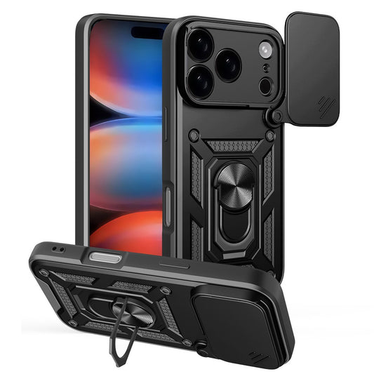 AMORUS For iPhone 17 Pro Max Case Kickstand PC + TPU Phone Cover with Camera Lens Slider - Black