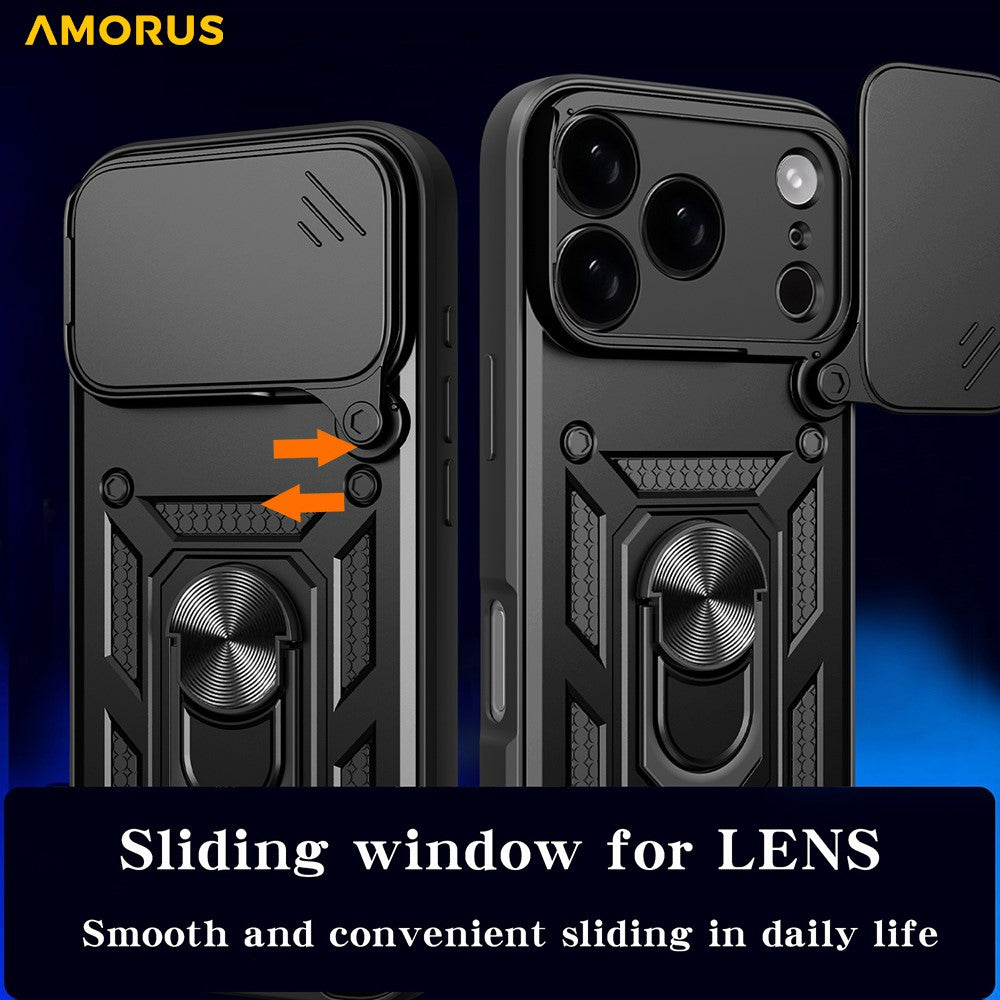 AMORUS For iPhone 17 Pro Max Case Kickstand PC + TPU Phone Cover with Camera Lens Slider - Gold