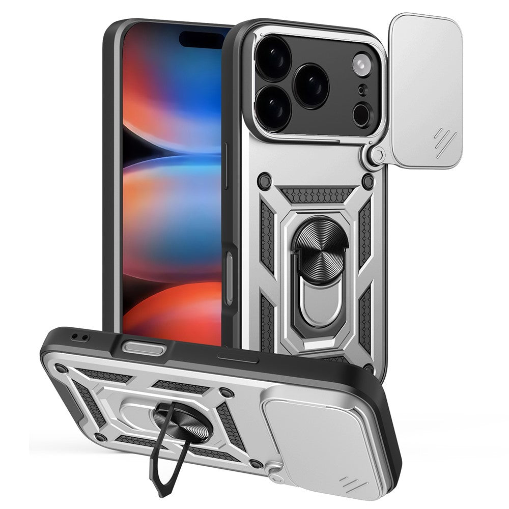 AMORUS For iPhone 17 Pro Max Case Kickstand PC + TPU Phone Cover with Camera Lens Slider - Silver