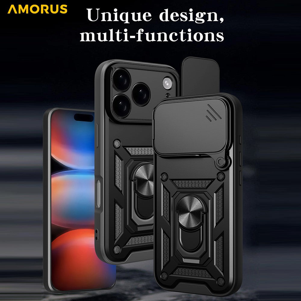 AMORUS For iPhone 17 Pro Max Case Kickstand PC + TPU Phone Cover with Camera Lens Slider - Silver
