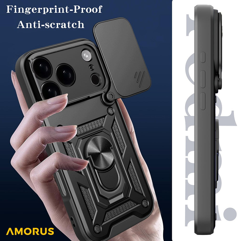 AMORUS For iPhone 17 Pro Max Case Kickstand PC + TPU Phone Cover with Camera Lens Slider - Silver