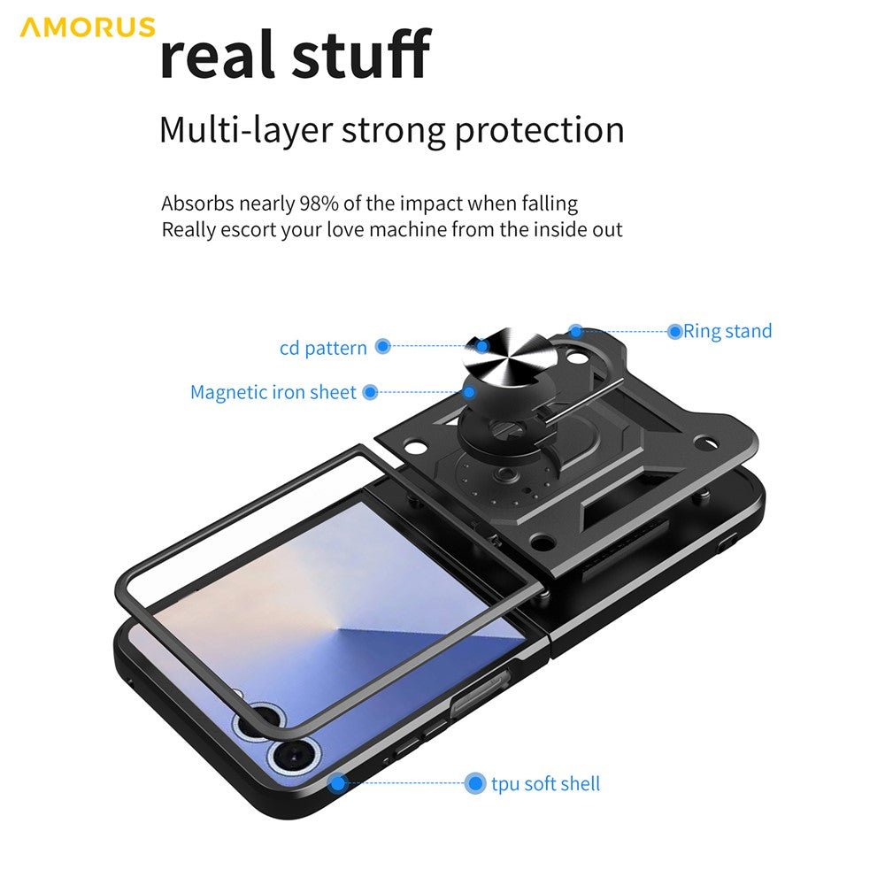 AMORUS For Samsung Galaxy Z Flip7 5G Case Kickstand PC + TPU Phone Cover - Black
