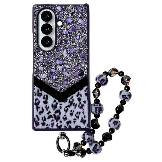 For Samsung Galaxy Z Fold7 5G Case Stone Decor Glitter Leopard Splicing Plush PC Phone Cover with Hand Chain - Purple