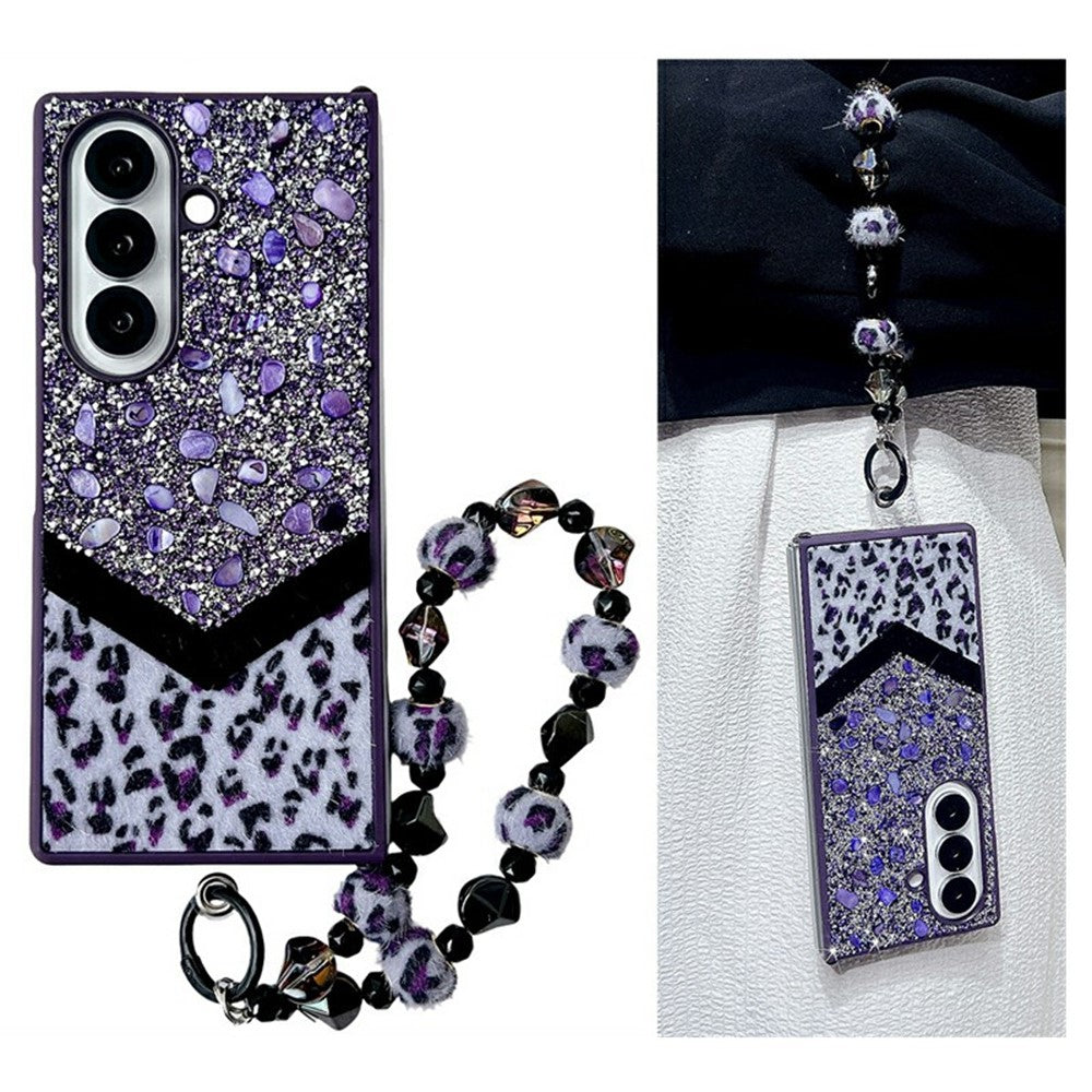 For Samsung Galaxy Z Fold7 5G Case Stone Decor Glitter Leopard Splicing Plush PC Phone Cover with Hand Chain - Purple