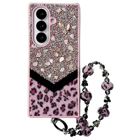 For Samsung Galaxy Z Fold7 5G Case Stone Decor Glitter Leopard Splicing Plush PC Phone Cover with Hand Chain - Pink