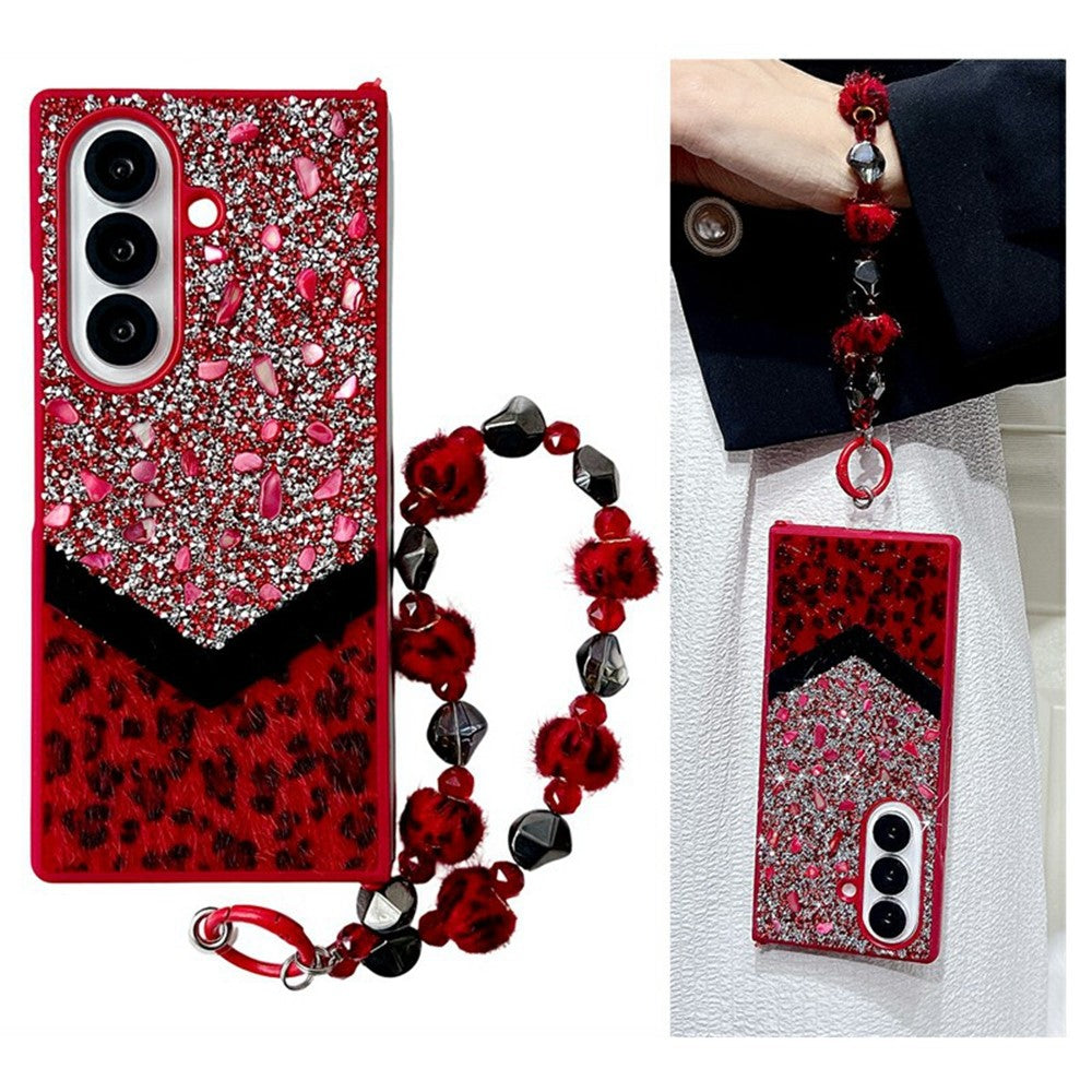 For Samsung Galaxy Z Fold7 5G Case Stone Decor Glitter Leopard Splicing Plush PC Phone Cover with Hand Chain - Red
