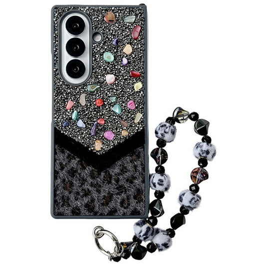 For Samsung Galaxy Z Fold7 5G Case Stone Decor Glitter Leopard Splicing Plush PC Phone Cover with Hand Chain - Grey