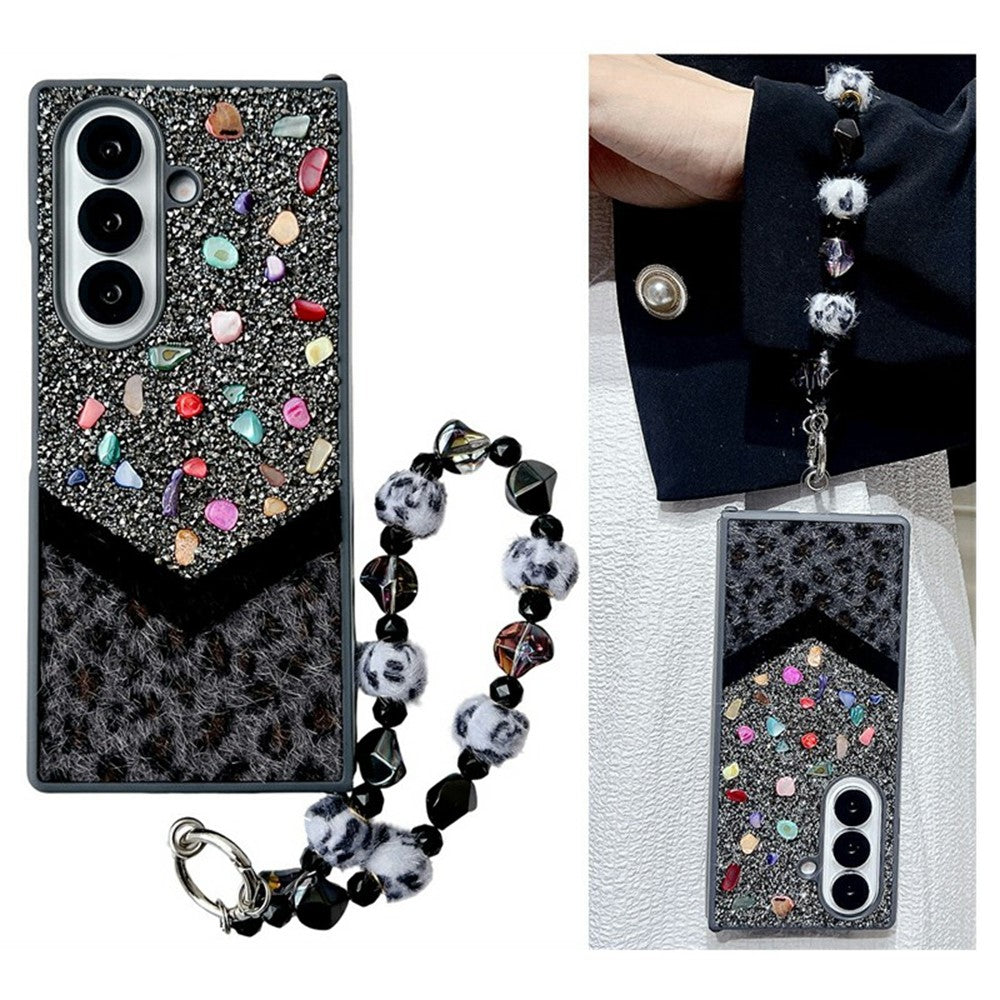 For Samsung Galaxy Z Fold7 5G Case Stone Decor Glitter Leopard Splicing Plush PC Phone Cover with Hand Chain - Grey