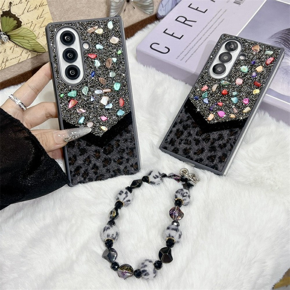 For Samsung Galaxy Z Fold7 5G Case Stone Decor Glitter Leopard Splicing Plush PC Phone Cover with Hand Chain - Grey