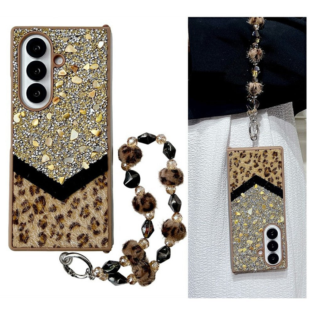 For Samsung Galaxy Z Fold7 5G Case Stone Decor Glitter Leopard Splicing Plush PC Phone Cover with Hand Chain - Gold