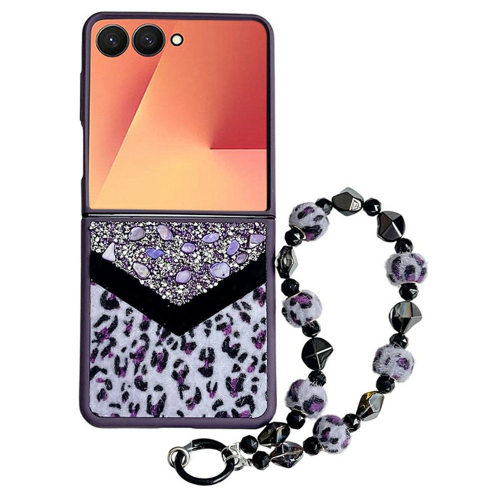 For Samsung Galaxy Z Flip7 5G Case Stone Decor Glitter Leopard Splicing Plush PC Phone Cover with Hand Chain - Purple