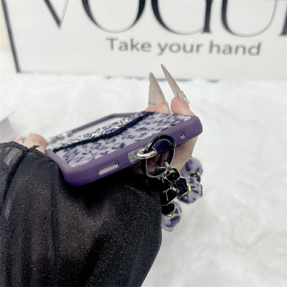 For Samsung Galaxy Z Flip7 5G Case Stone Decor Glitter Leopard Splicing Plush PC Phone Cover with Hand Chain - Purple