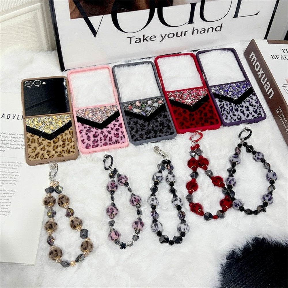 For Samsung Galaxy Z Flip7 5G Case Stone Decor Glitter Leopard Splicing Plush PC Phone Cover with Hand Chain - Purple