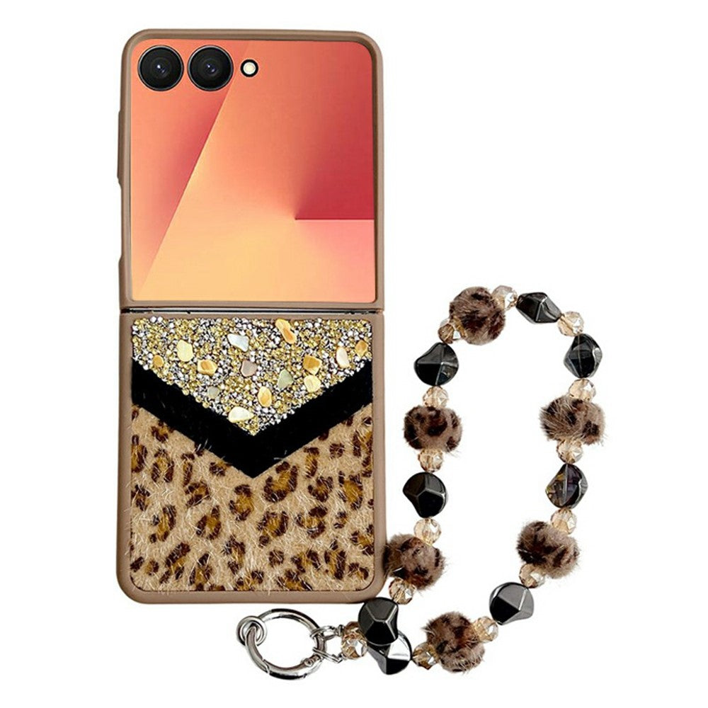 For Samsung Galaxy Z Flip7 5G Case Stone Decor Glitter Leopard Splicing Plush PC Phone Cover with Hand Chain - Gold