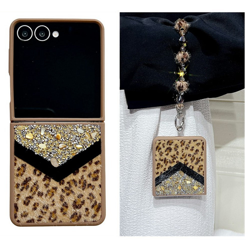 For Samsung Galaxy Z Flip7 5G Case Stone Decor Glitter Leopard Splicing Plush PC Phone Cover with Hand Chain - Gold