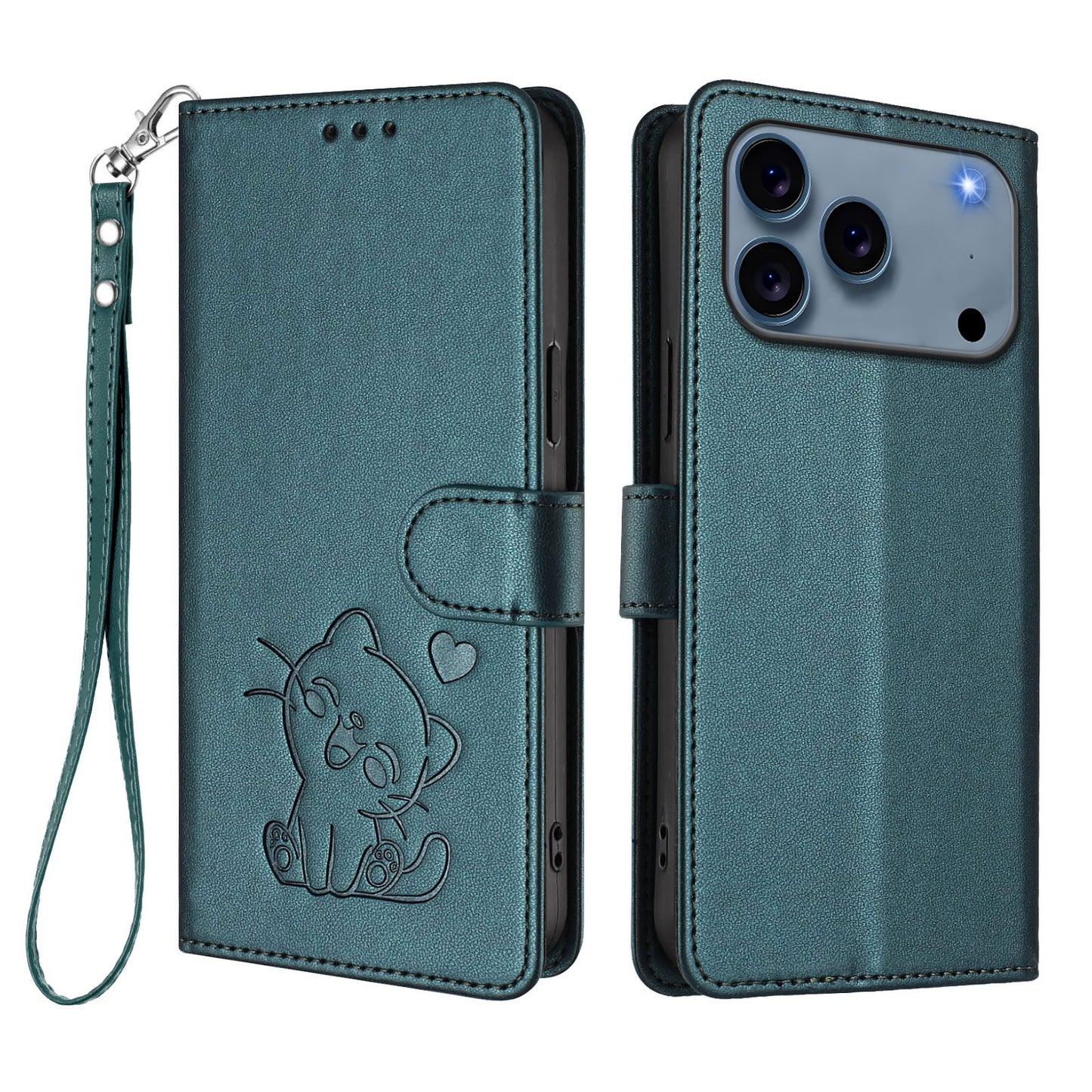 For iPhone 17 Pro Max Wallet Case with Wrist Strap Love Cat Pattern Imprint Leather Phone Cover - Green
