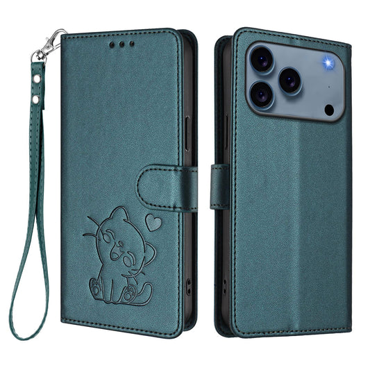 For iPhone 17 Pro Max Wallet Case with Wrist Strap Love Cat Pattern Imprint Leather Phone Cover - Green
