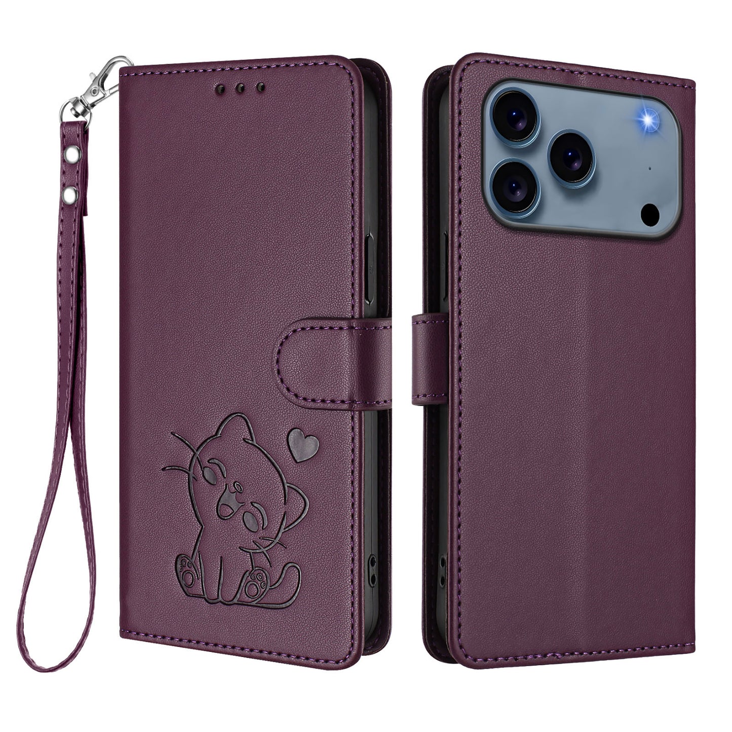 For iPhone 17 Pro Max Wallet Case with Wrist Strap Love Cat Pattern Imprint Leather Phone Cover - Purple