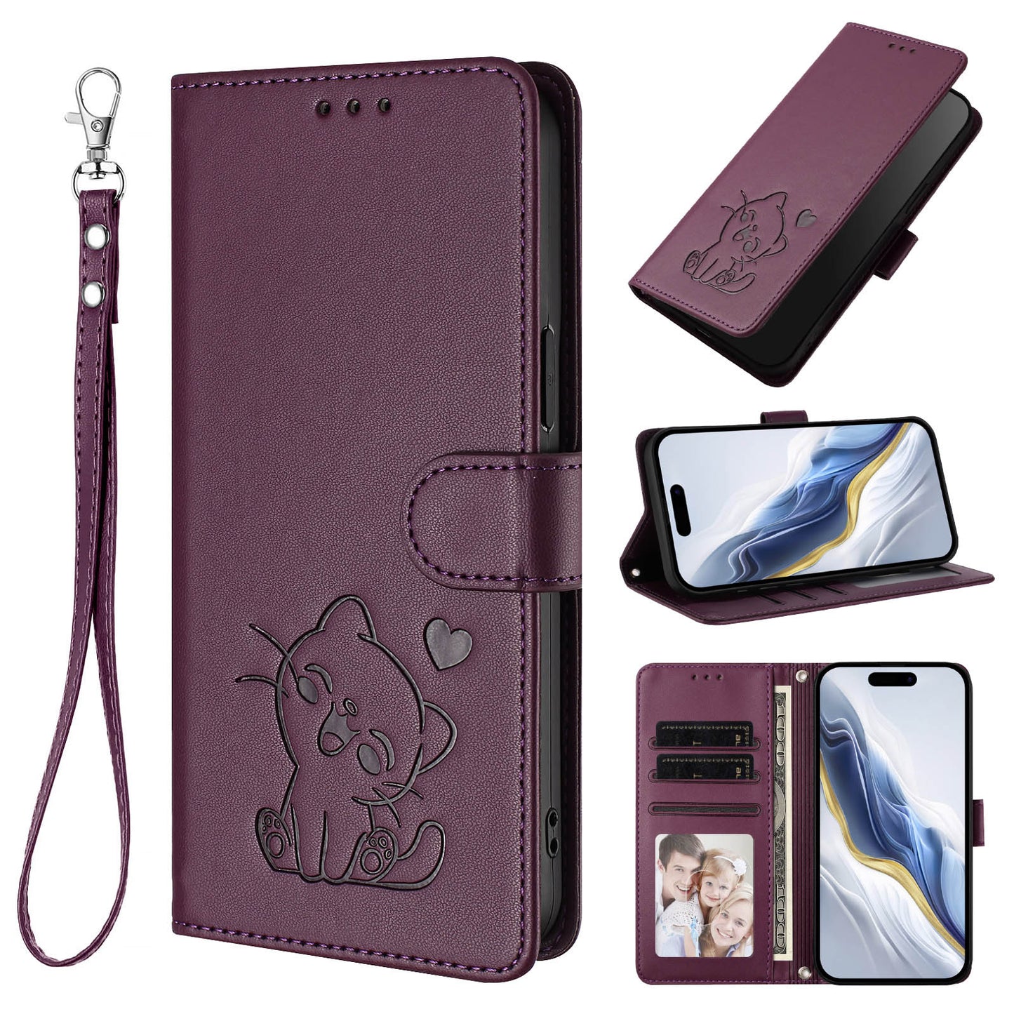 For iPhone 17 Pro Max Wallet Case with Wrist Strap Love Cat Pattern Imprint Leather Phone Cover - Purple