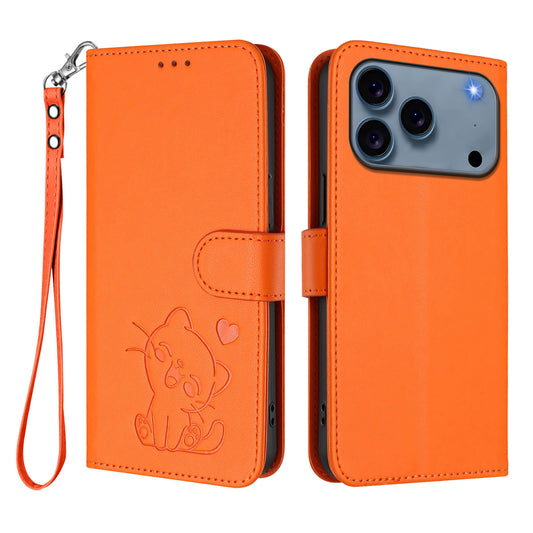 For iPhone 17 Pro Max Wallet Case with Wrist Strap Love Cat Pattern Imprint Leather Phone Cover - Orange