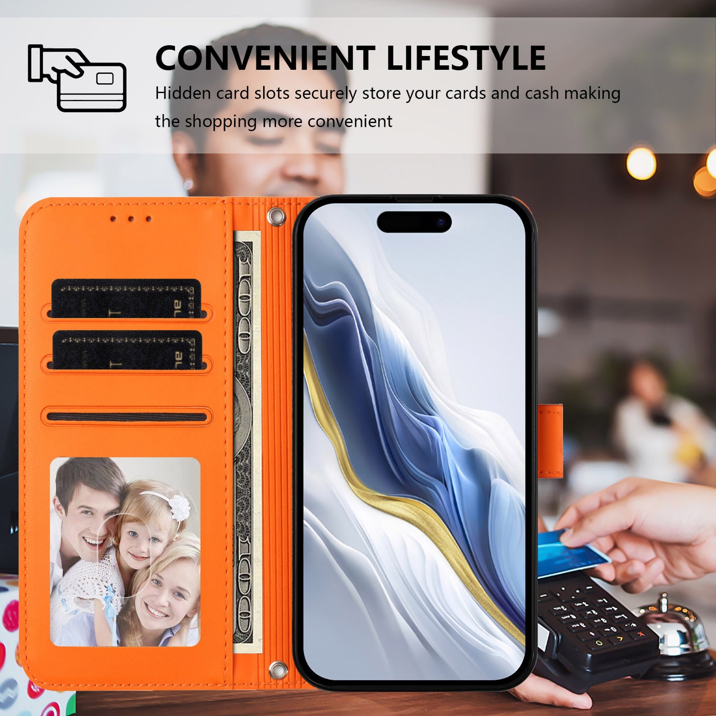 For iPhone 17 Pro Max Wallet Case with Wrist Strap Love Cat Pattern Imprint Leather Phone Cover - Orange