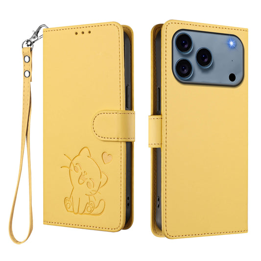 For iPhone 17 Pro Max Wallet Case with Wrist Strap Love Cat Pattern Imprint Leather Phone Cover - Yellow