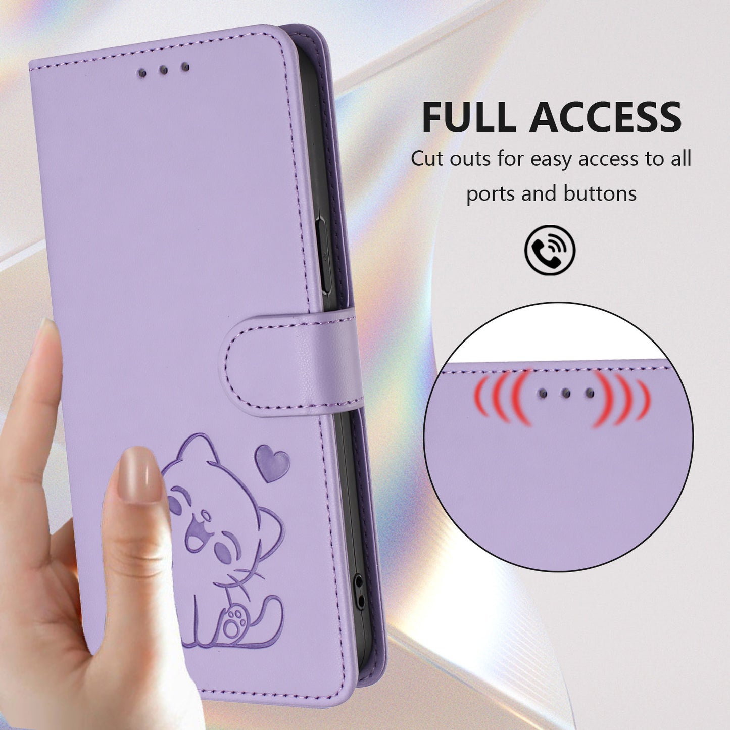 For iPhone 17 Pro Max Wallet Case with Wrist Strap Love Cat Pattern Imprint Leather Phone Cover - Light Purple