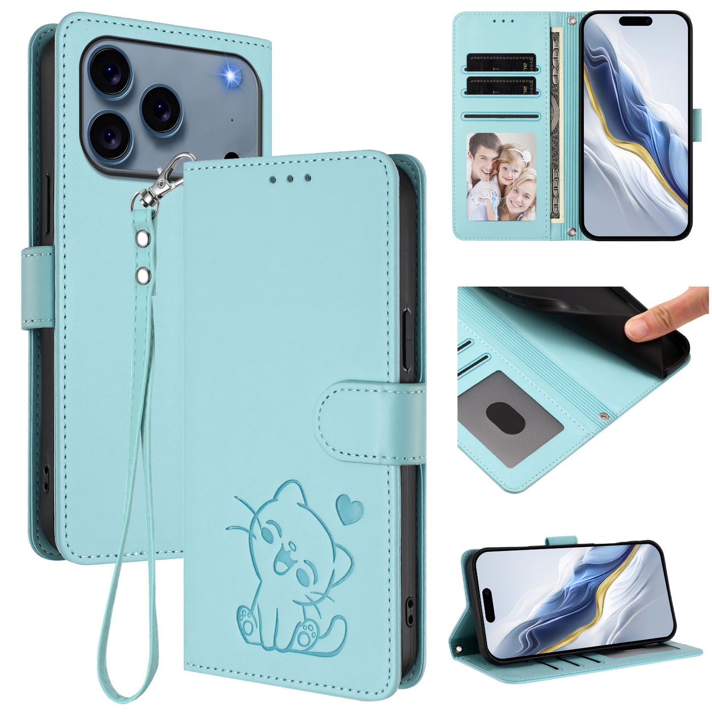 For iPhone 17 Pro Max Wallet Case with Wrist Strap Love Cat Pattern Imprint Leather Phone Cover - Mint Green