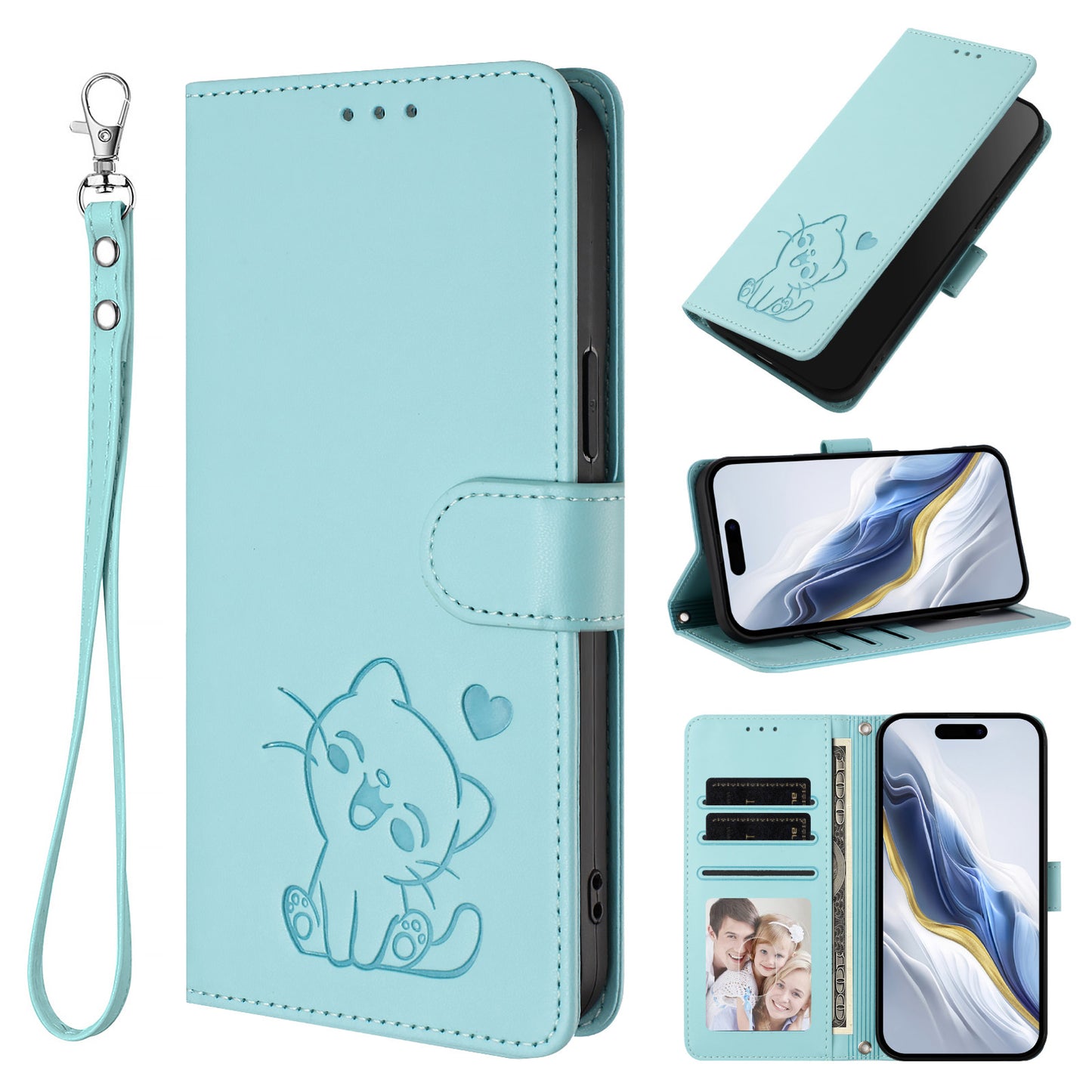 For iPhone 17 Pro Max Wallet Case with Wrist Strap Love Cat Pattern Imprint Leather Phone Cover - Mint Green
