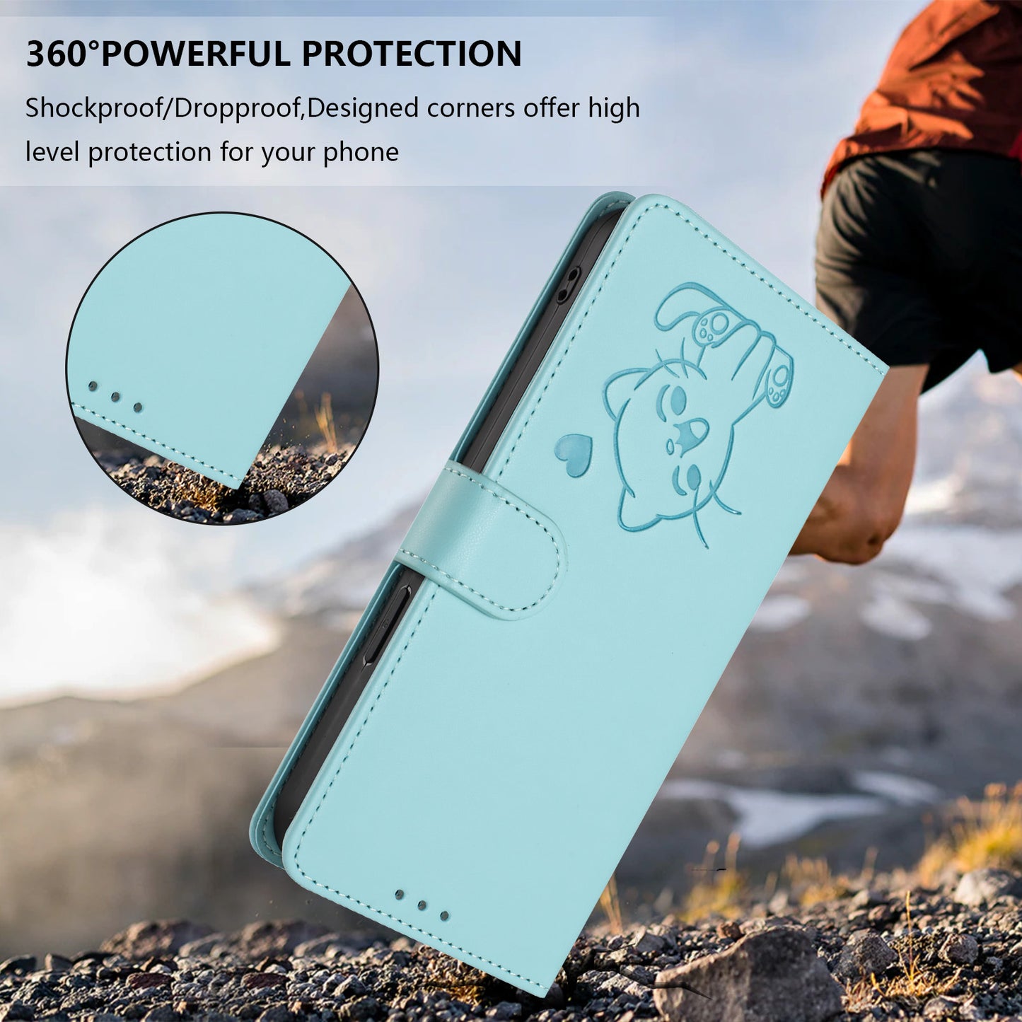 For iPhone 17 Pro Max Wallet Case with Wrist Strap Love Cat Pattern Imprint Leather Phone Cover - Mint Green