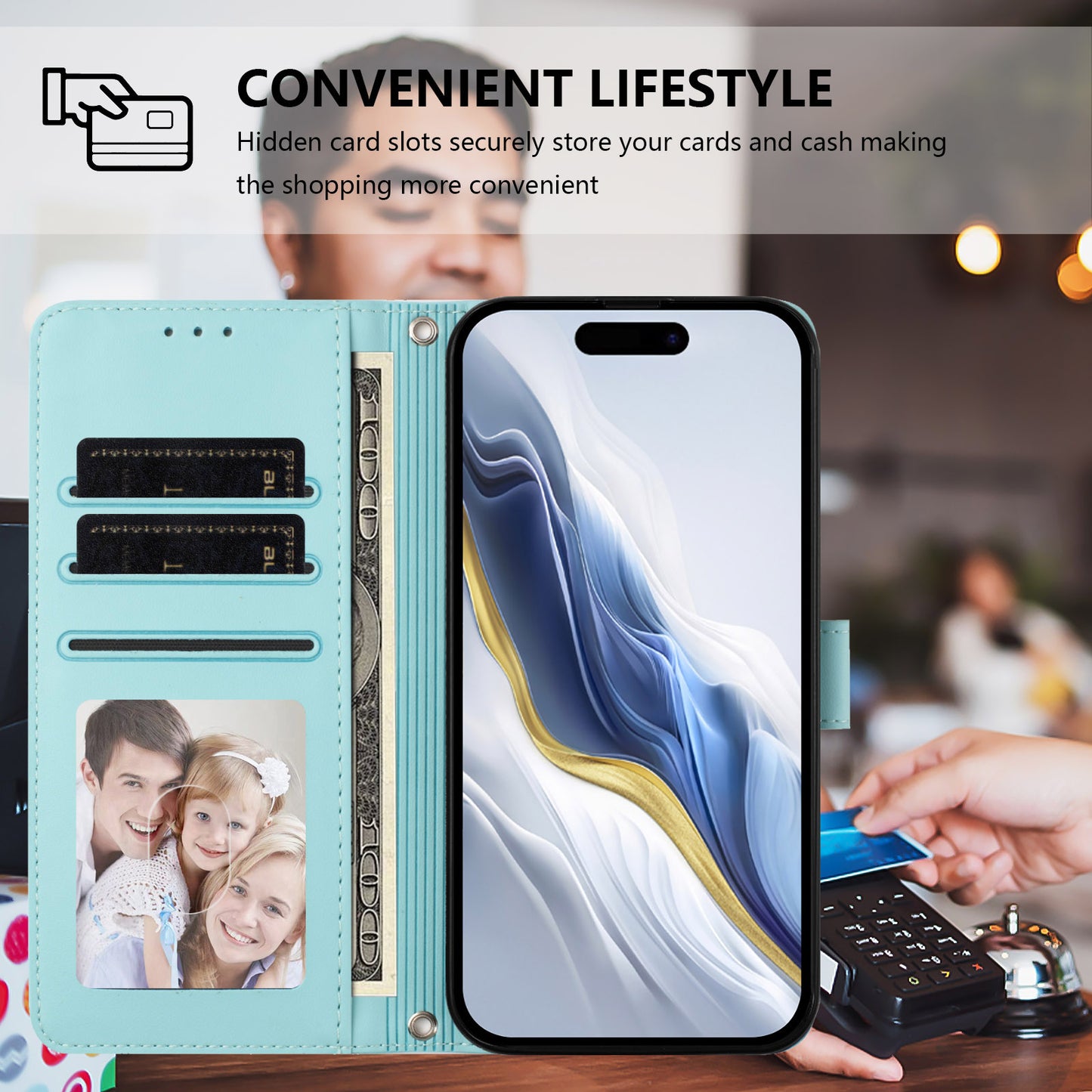 For iPhone 17 Pro Max Wallet Case with Wrist Strap Love Cat Pattern Imprint Leather Phone Cover - Mint Green